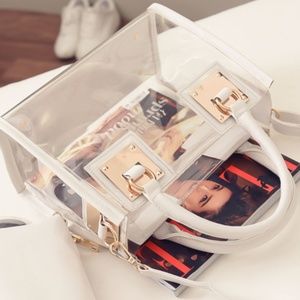 white transparent clear shoulder bag with strap